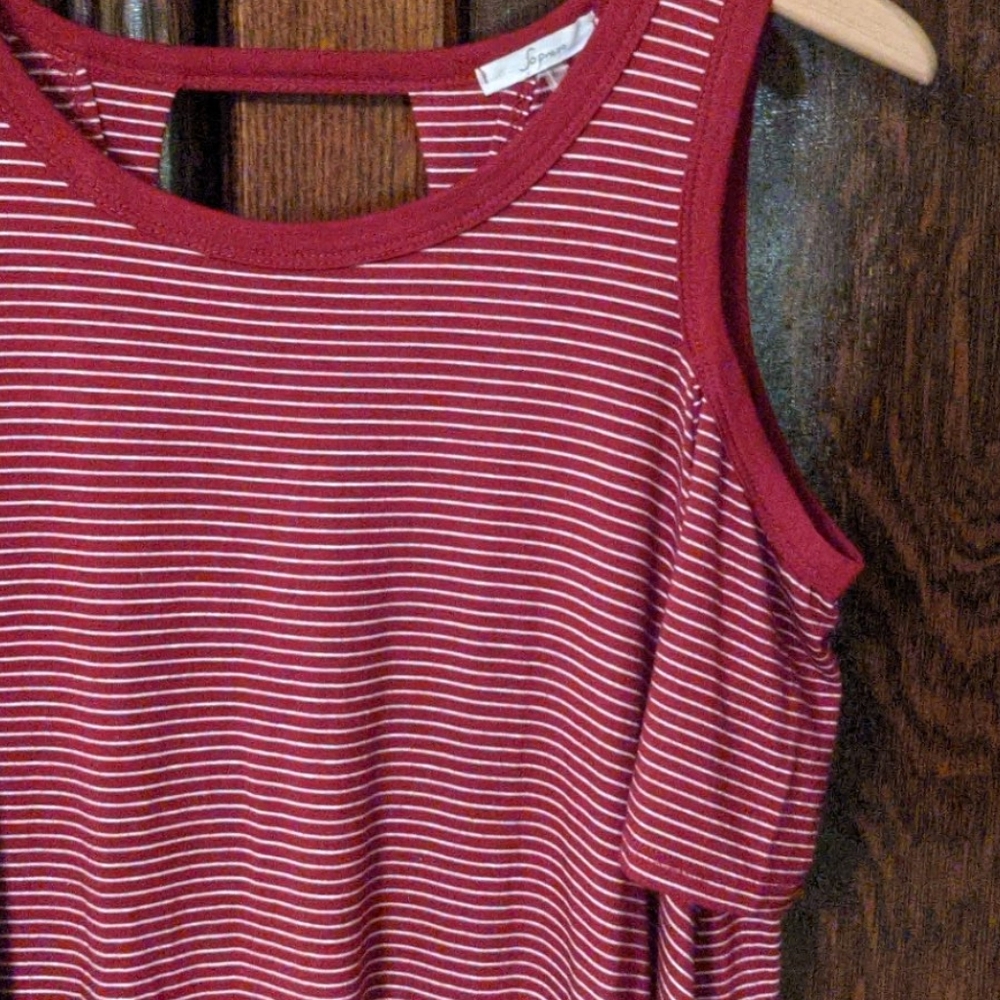 Red w white stripes cold shoulder Large dress.